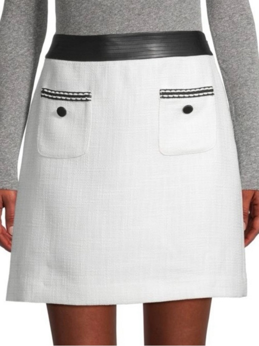 NWT Karl Lagerfeld Skirt Tweed Faux Leather Trim White Black Pocket skirt Sz 10